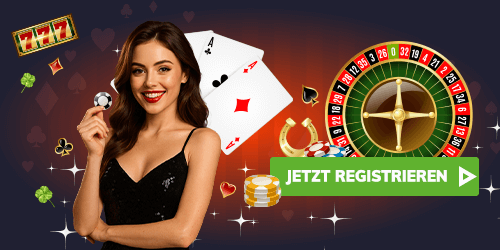 Illustration einer weiblichen Croupière mit Spielkarten, Roulette und typischen Glückssymbolen